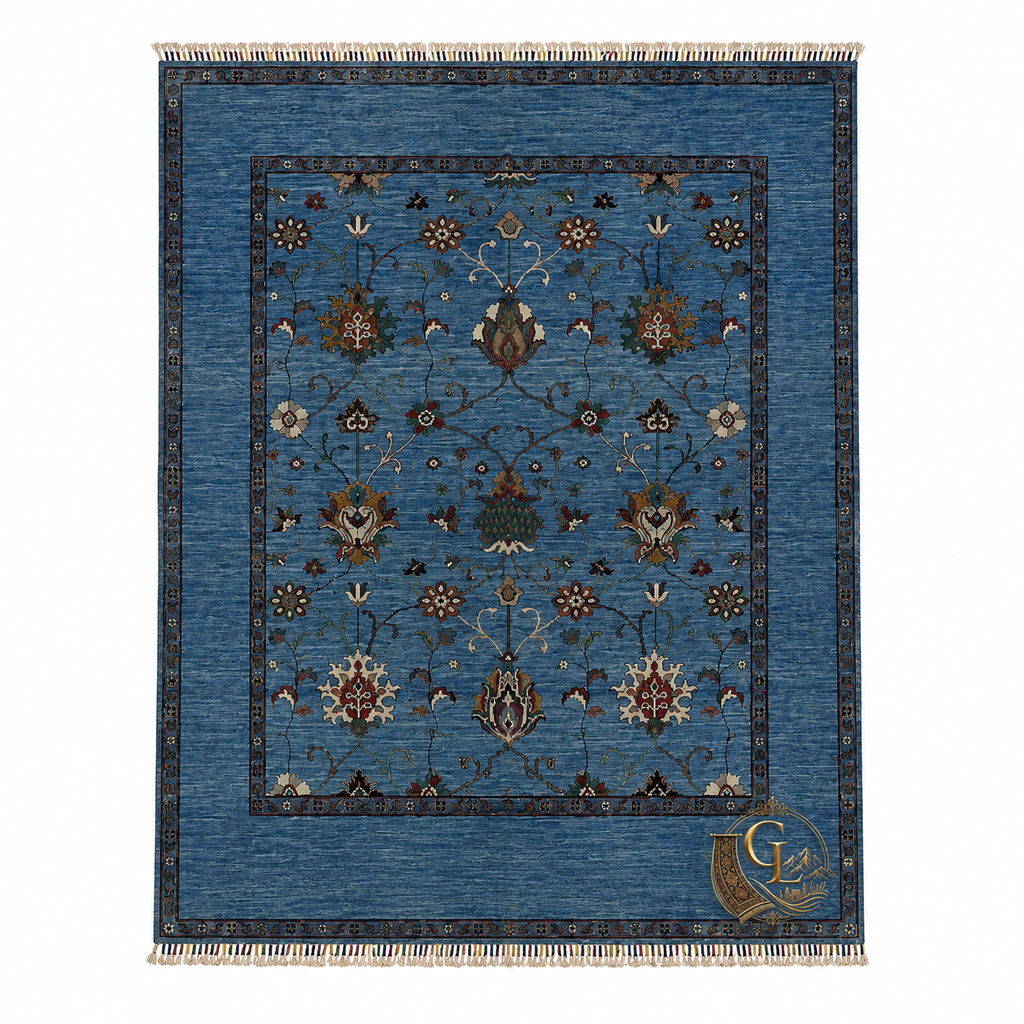 Chobi Sultani hand-knotted Afghan carpet, full view — sky blue field with all-over Sultani floral vine design in burgundy, ivory, green, and gold, dark border, hand-tied fringe — 180×231 cm (6×8 ft), 100% natural wool, Golden Loom Afghanistan