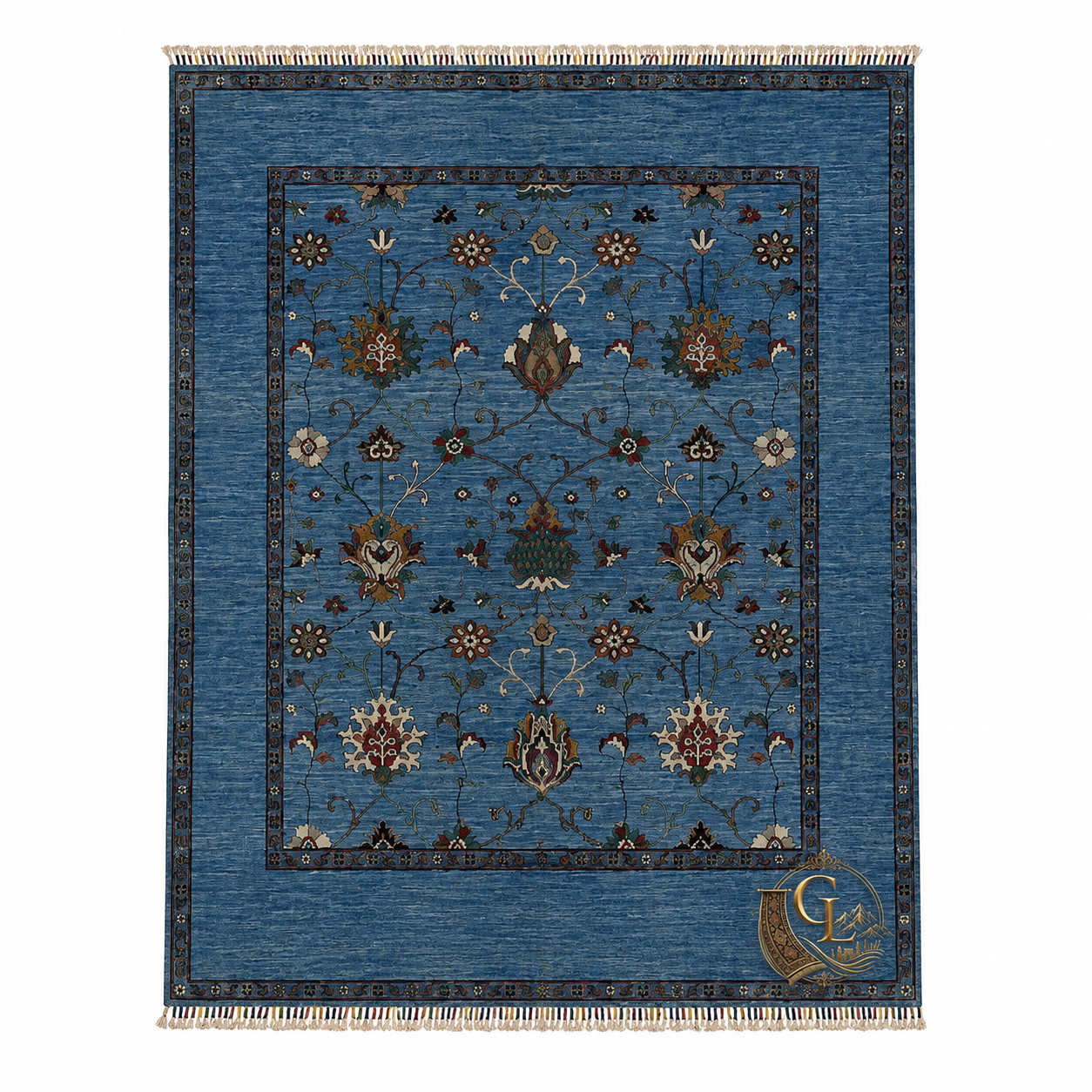 Chobi Sultani hand-knotted Afghan carpet, full view — sky blue field with all-over Sultani floral vine design in burgundy, ivory, green, and gold, dark border, hand-tied fringe — 180×231 cm (6×8 ft), 100% natural wool, Golden Loom Afghanistan