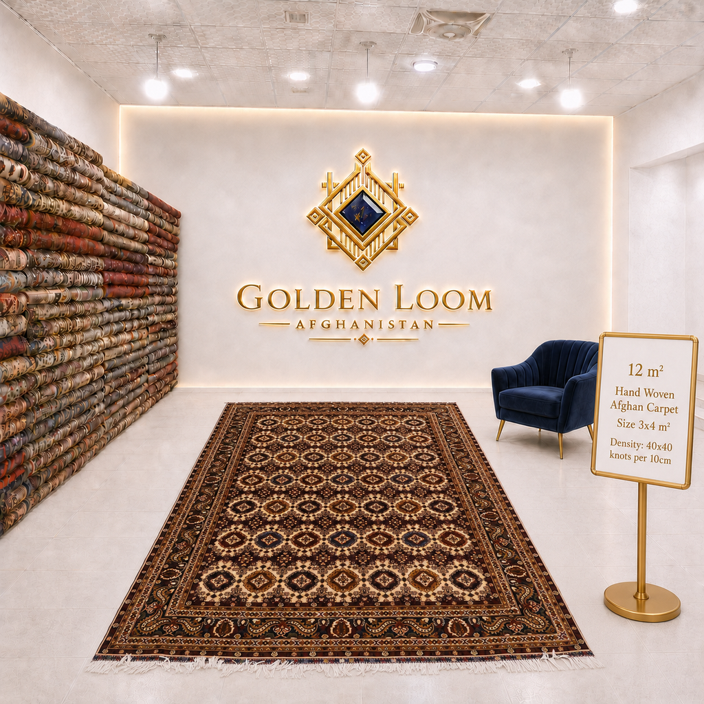 Hand-woven Afghan carpet 3x4m, 12 square metres, all-over geometric gul pattern in dark burgundy and ivory, 40x40 knots per 10cm, Golden Loom Afghanistan showroom