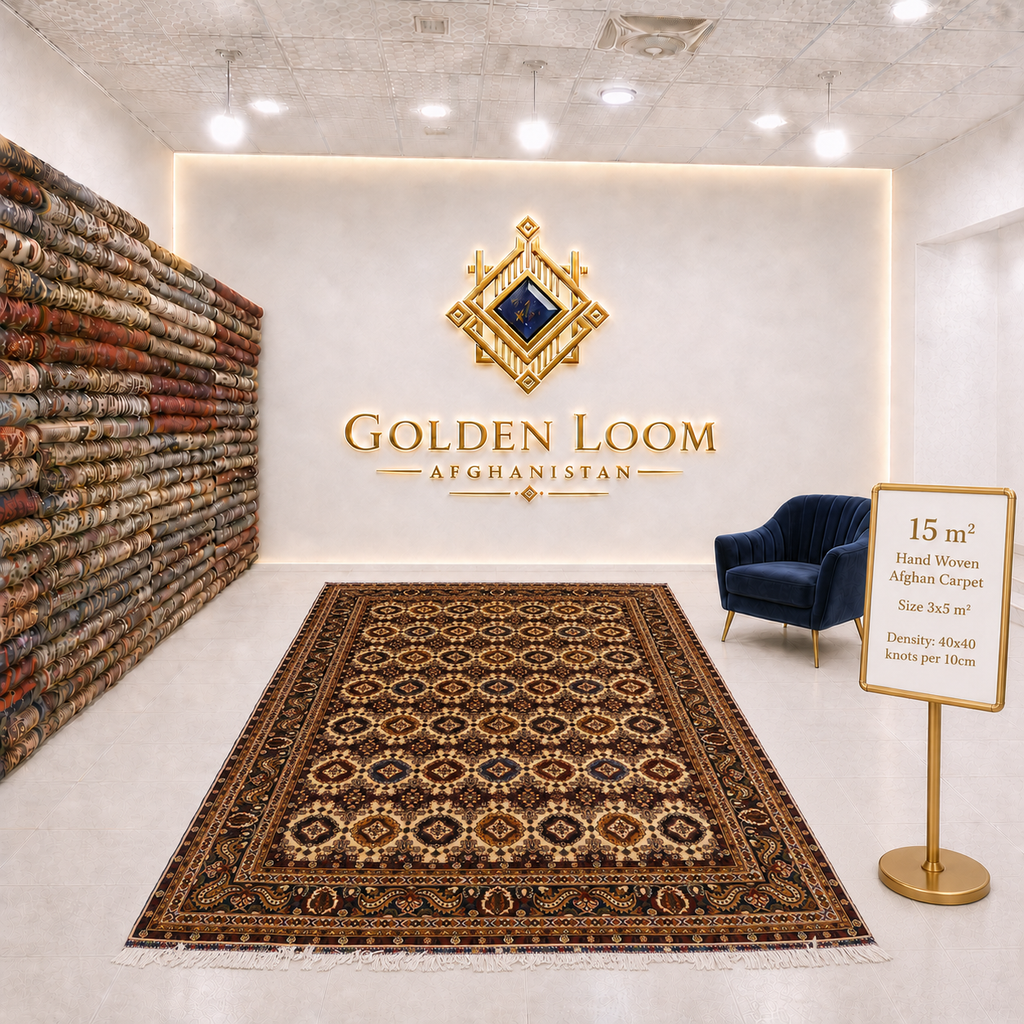 Hand-woven Afghan carpet 3x5m, 15 square meters, all-over geometric medallion pattern in dark burgundy and cream, 40x40 knots per 10cm, Golden Loom Afghanistan showroom