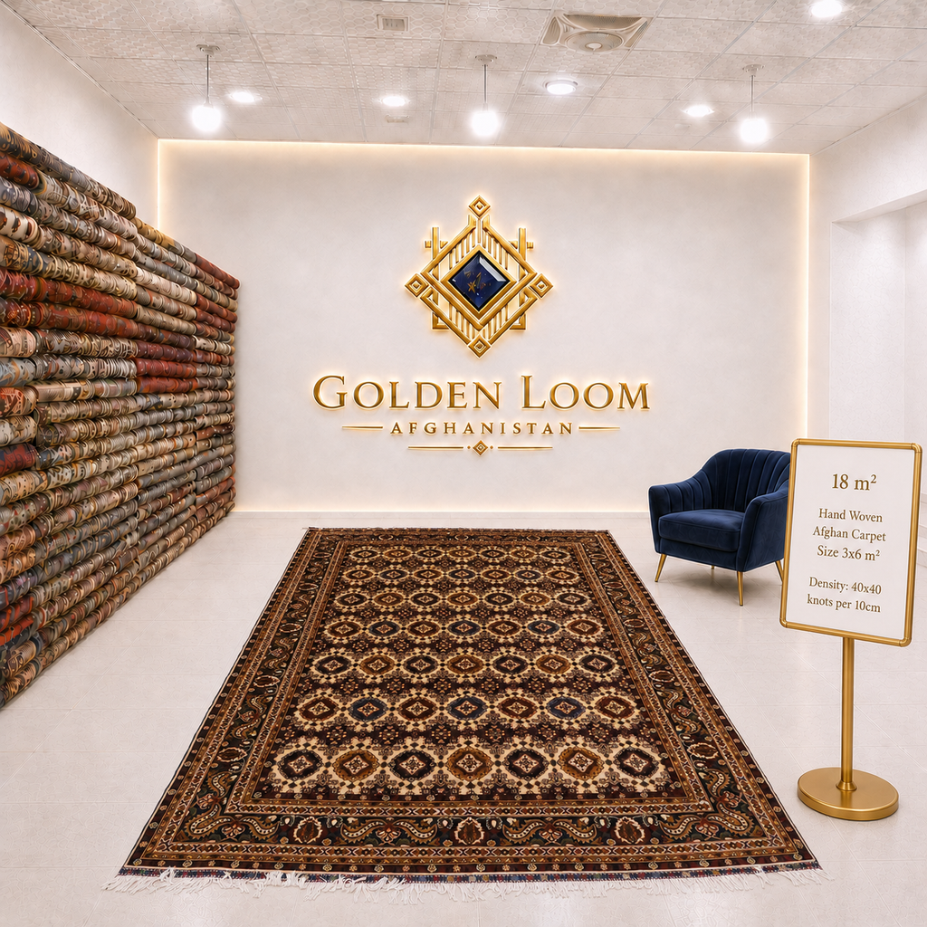 Hand-woven Afghan carpet 3x6m, 18 square meters, all-over geometric gul medallion pattern in dark brown and ivory, 40x40 knots per 10cm, Golden Loom Afghanistan showroom