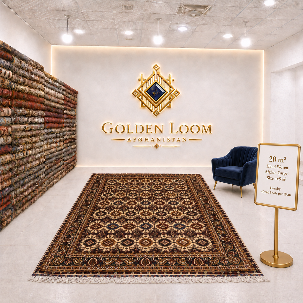 Hand-woven Afghan carpet 4x5m, 20 square meters, all-over geometric medallion pattern in dark burgundy and cream, 40x40 knots per 10cm, Golden Loom Afghanistan showroom