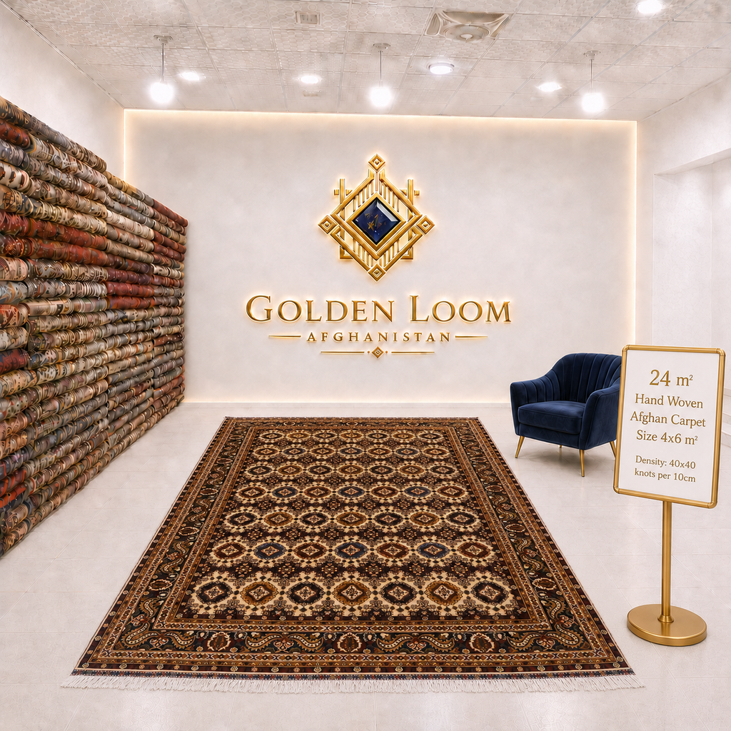Hand-woven Afghan carpet 4x6m, 24 square meters, all-over geometric gul medallion pattern in dark burgundy and ivory, 40x40 knots per 10cm, Golden Loom Afghanistan showroom