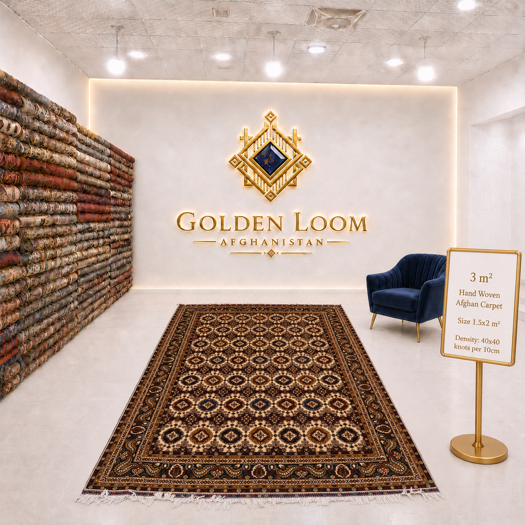 The Jawzjan Yousuf Bhai Legacy highlighting its hand-knotted pattern, natural wool and artisan craftsmanship.