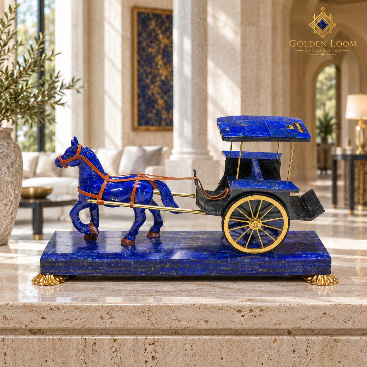 Lapis lazuli horse carriage with brass accents displayed in a sophisticated equestrian drawing room.