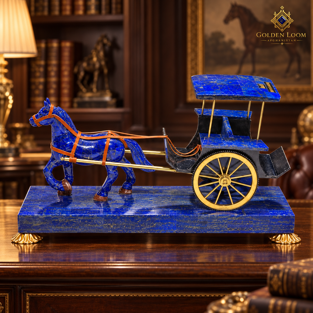 Handcrafted lapis lazuli horse-and-carriage sculpture displayed in a luxury executive office.