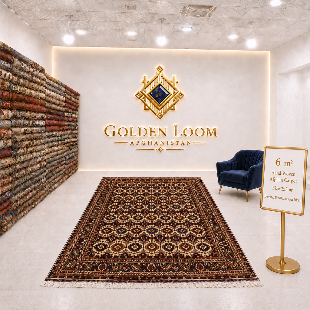 Hand-woven Afghan carpet 2x3m, 6 square meters, all-over geometric gul medallion pattern in dark burgundy and ivory, 40x40 knots per 10cm, Golden Loom Afghanistan showroom