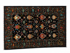 Full flat-lay of the Chobi Sultani Afghan carpet – a breathtaking all-over garden of hand-knotted flowers and vines on a deep black ground, with vibrant multicolor hand-tied fringe that speaks to its artisan origins