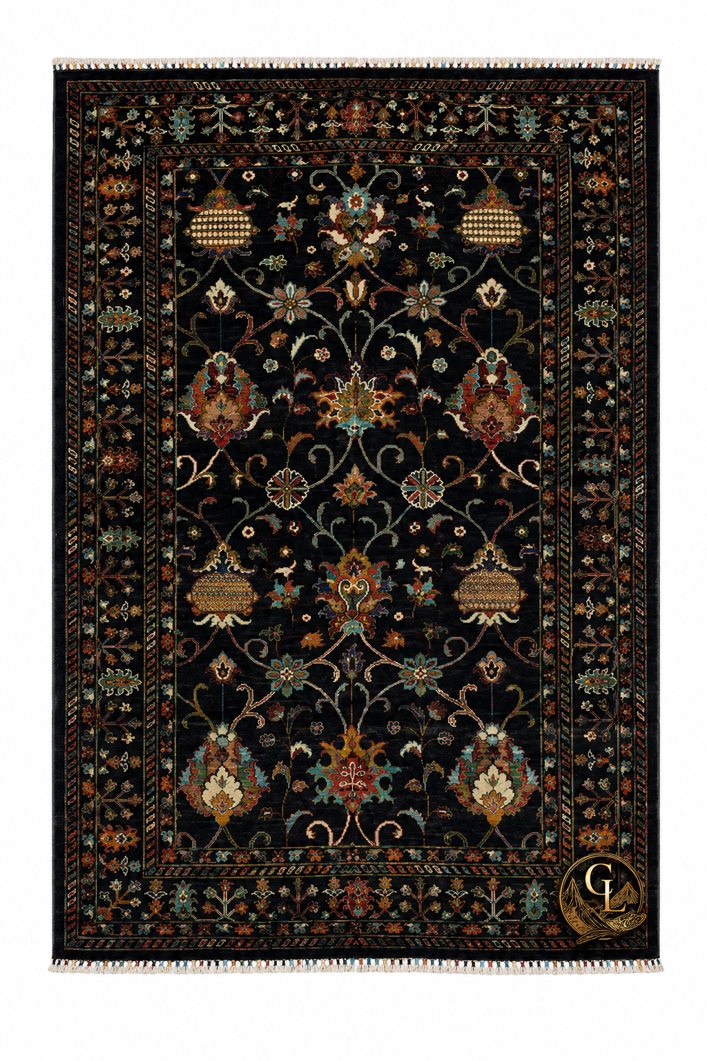 Chobi Sultani hand-knotted Afghan carpet in midnight black – centuries-old Sultani floral design blooming in crimson, teal, gold and ivory, hand-knotted by master weavers in Jawzjan, Afghanistan, 169×230 cm