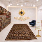 Hand-woven Afghan carpet 2.5x3.5m, 9 square meters, all-over geometric medallion pattern in dark brown and cream, 40x40 knots per 10cm, Golden Loom Afghanistan showroom