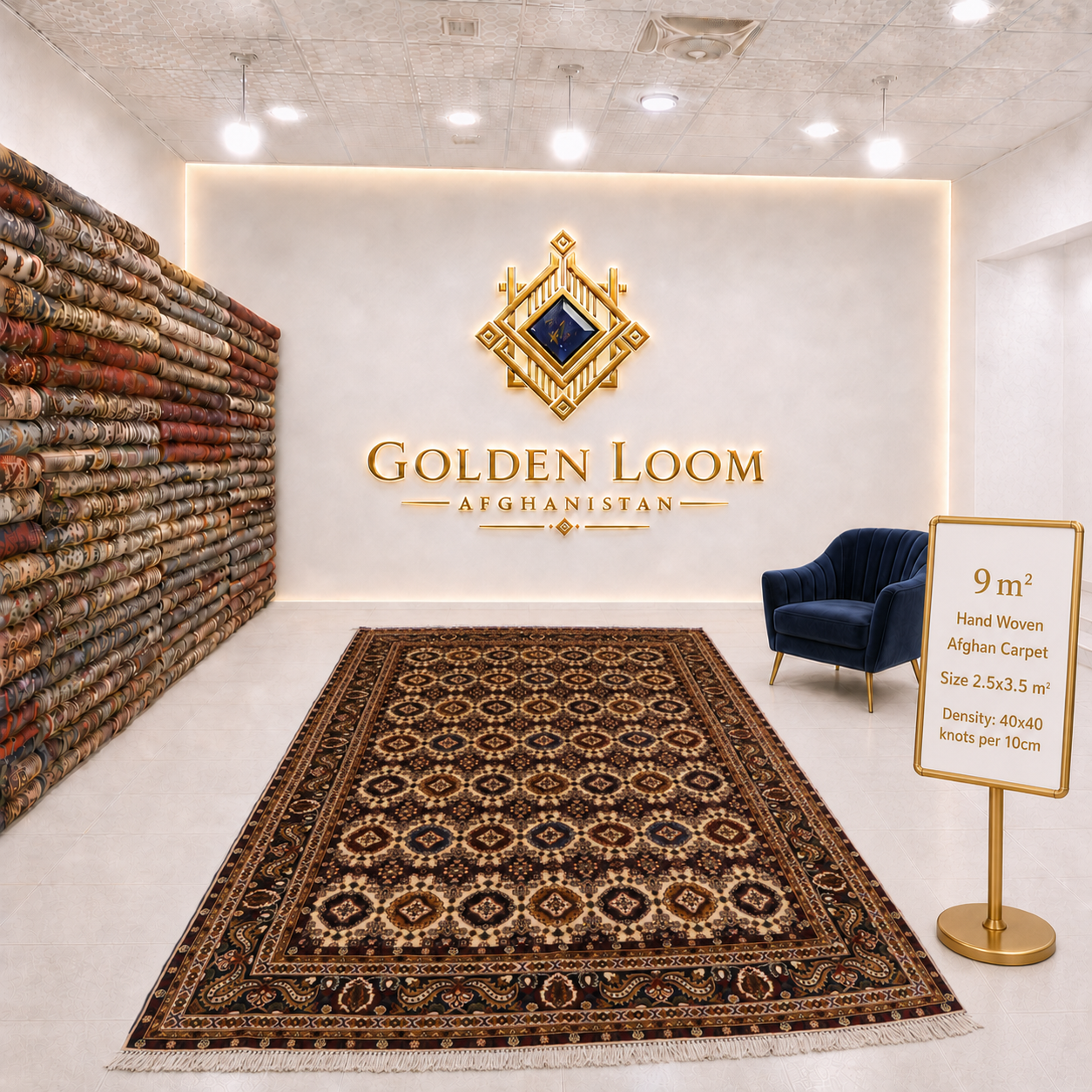 Hand-woven Afghan carpet 2.5x3.5m, 9 square meters, all-over geometric medallion pattern in dark brown and cream, 40x40 knots per 10cm, Golden Loom Afghanistan showroom