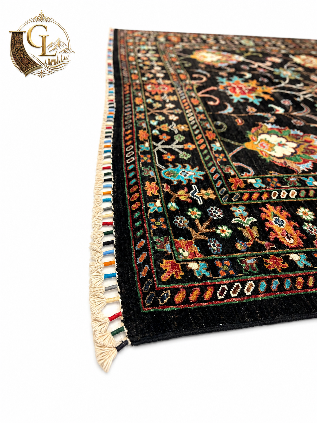 Corner detail of the Chobi Sultani carpet – revealing the extraordinary density of hand-tied knots, layered teal and crimson border guards, and the ivory fringe woven strand by strand in Jawzjan, Afghanistan
