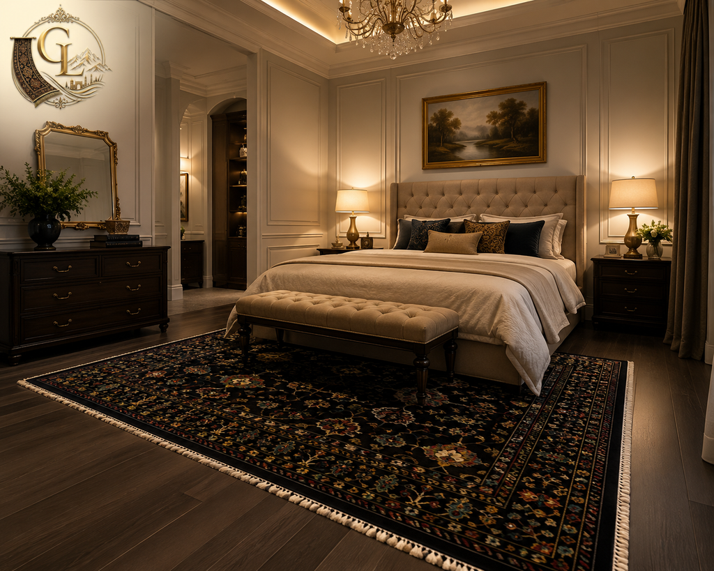 Chobi Sultani black Afghan carpet anchoring a grand luxury bedroom – its deep floral pattern commanding the space beneath a crystal chandelier, tufted bed, and warm ambient lighting. A statement piece by Golden Loom Afghanistan