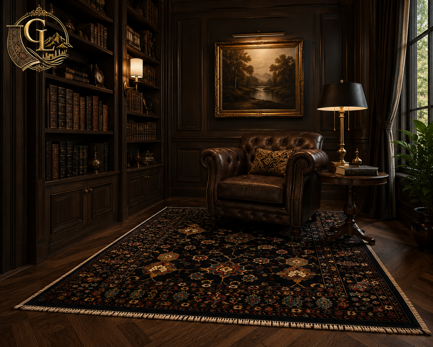 Chobi Sultani black Afghan carpet grounding a moody gentleman's library – its hand-knotted floral pattern glowing beneath warm sconce light, surrounded by leather-bound books and a tufted Chesterfield chair. Golden Loom Afghanistan