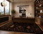 Chobi Sultani hand-knotted Afghan carpet in a refined executive office – deep black ground with multicolor Sultani florals beneath a walnut desk, with snow-capped Alpine peaks visible through the window. Golden Loom Afghanistan