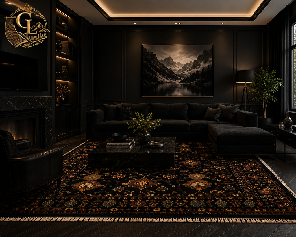 Chobi Sultani Afghan carpet commanding a dramatic all-black luxury living room – its jewel-toned floral design in gold, crimson and teal glowing against the dark interior, fireplace, and velvet sectional sofa. Golden Loom Afghanistan