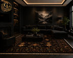 Chobi Sultani Afghan carpet commanding a dramatic all-black luxury living room – its jewel-toned floral design in gold, crimson and teal glowing against the dark interior, fireplace, and velvet sectional sofa. Golden Loom Afghanistan