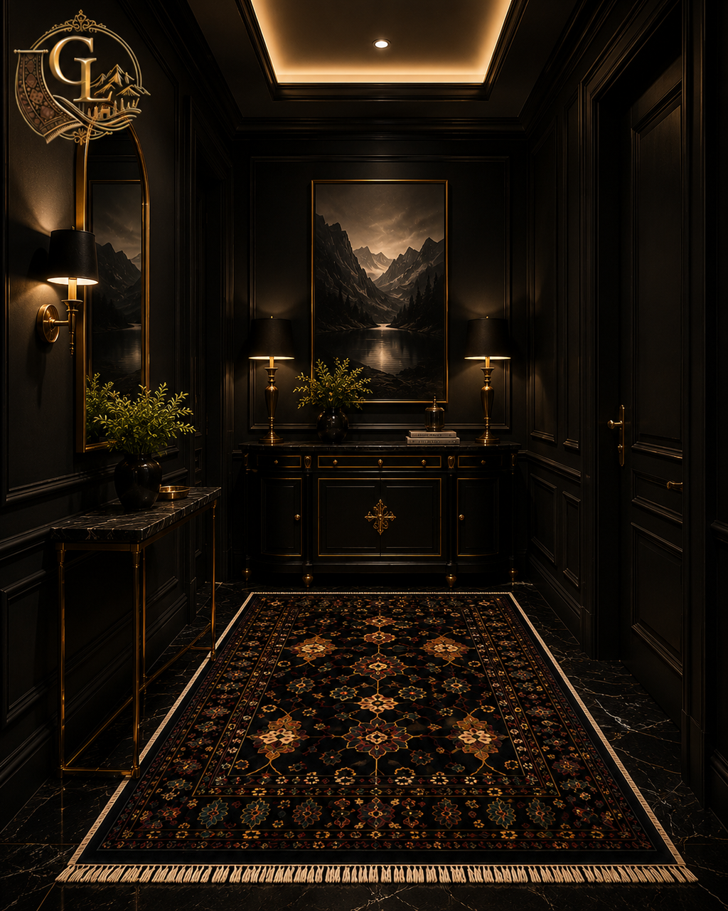 Chobi Sultani black Afghan carpet laid in a grand entrance hallway – its medallion and floral motifs illuminated by brass wall sconces and warm cove lighting, setting a tone of quiet opulence from the very first step. Golden Loom Afghanistan