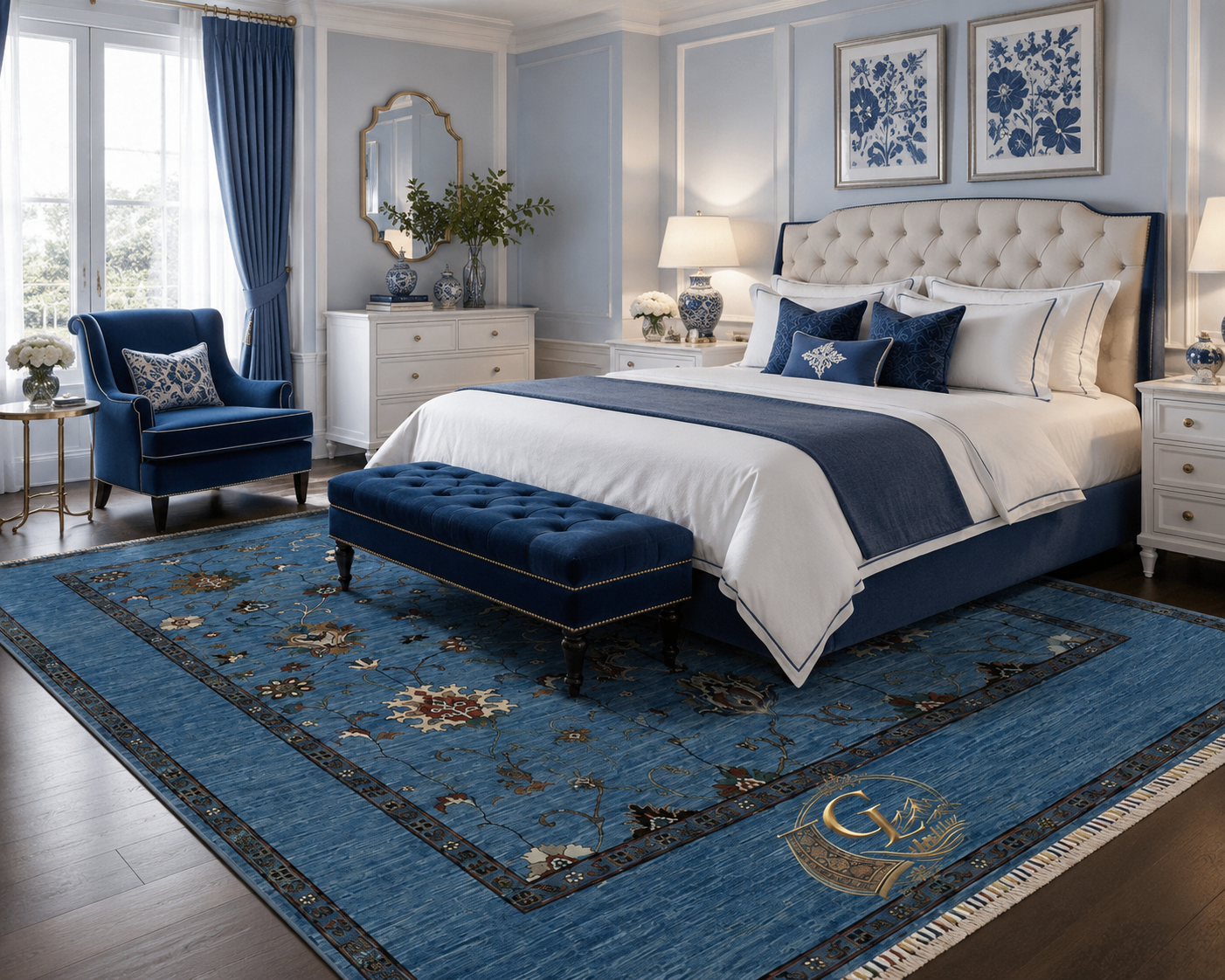Chobi Sultani blue hand-knotted Afghan carpet styled in a classic luxury bedroom with tufted cream headboard, navy velvet bench and armchair, blue floral wall art, and white linen bedding — Golden Loom Afghanistan, 180×231 cm (6×8 ft), 100% natural wool