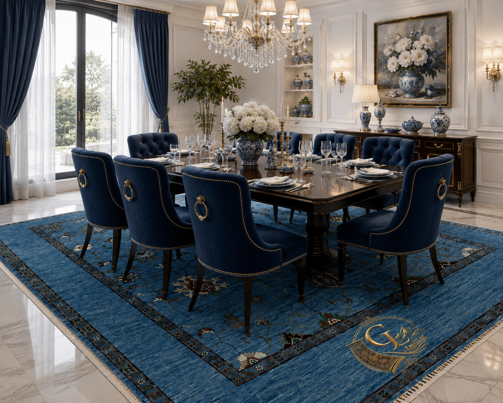 Chobi Sultani blue Afghan carpet anchoring a grand formal dining room with navy tufted chairs, dark mahogany table, crystal chandelier, and white floral centerpiece — Golden Loom Afghanistan luxury hand-knotted rug, 180×231 cm