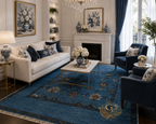 Chobi Sultani hand-knotted blue Afghan carpet in an elegant white living room with cream sofa, navy armchairs, marble coffee table, crystal chandelier, and fireplace — Golden Loom Afghanistan, 100% natural wool, 180×231 cm (6×8 ft)