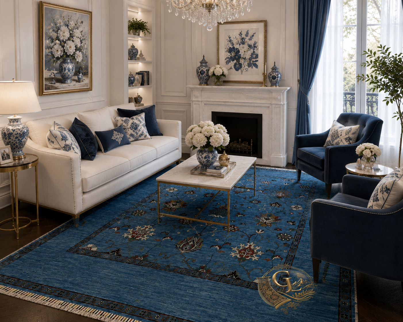 Chobi Sultani hand-knotted blue Afghan carpet in an elegant white living room with cream sofa, navy armchairs, marble coffee table, crystal chandelier, and fireplace — Golden Loom Afghanistan, 100% natural wool, 180×231 cm (6×8 ft)