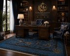 Chobi Sultani blue Afghan carpet in a dark luxury home office with mahogany bookshelves, leather tufted chair, and Golden Loom Afghanistan branding on the wall — authentic hand-knotted natural wool rug from Jawzjan, Afghanistan