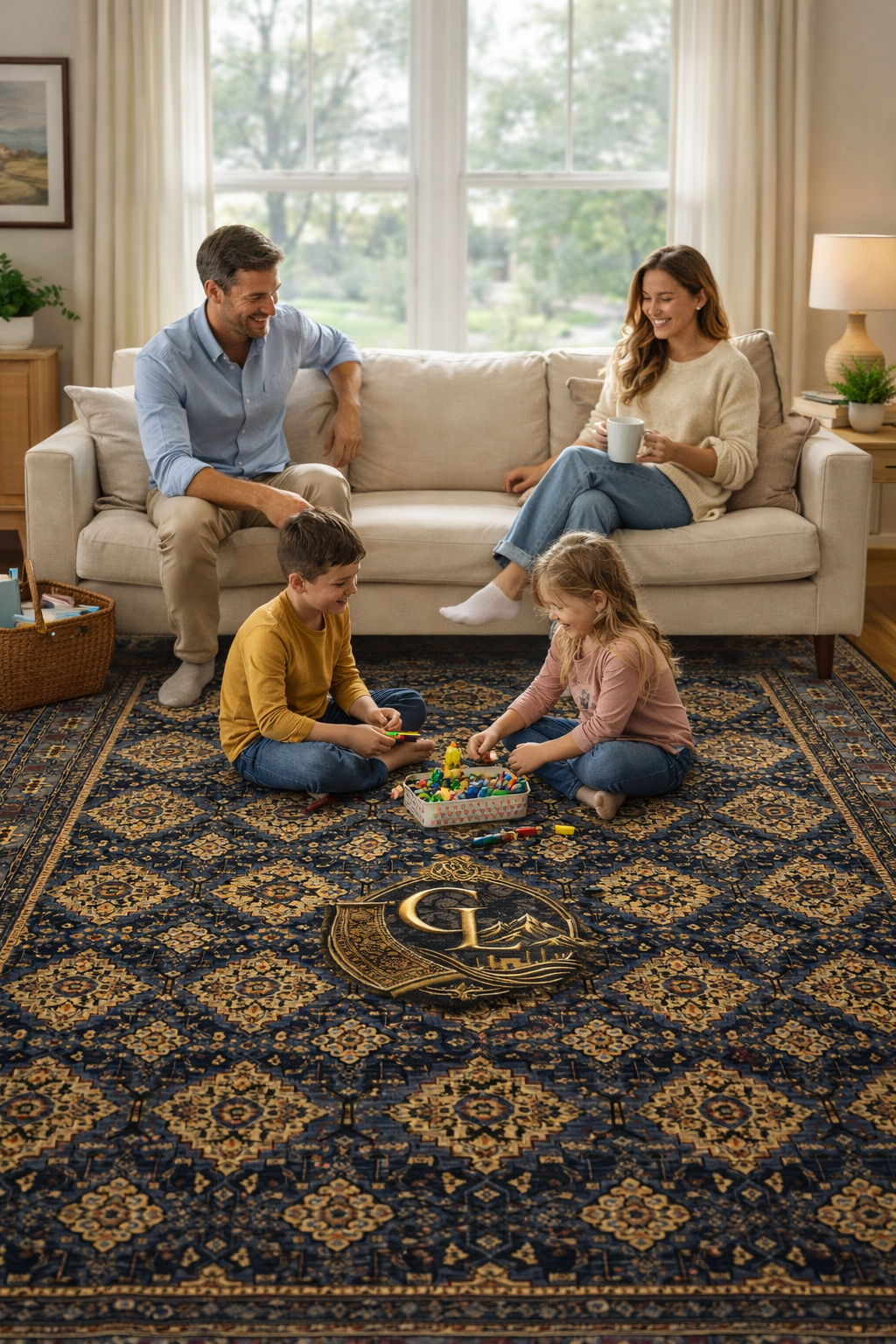 Belzhiki ZerKhaki handmade Afghan carpet in a cozy family living room – durable 100% natural wool rug by Golden Loom Afghanistan, safe and soft for children and everyday use
