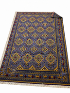 Belzhiki Carpet ZerKhaki Antique Design – full view of handmade Afghan wool rug in blue, gold and burgundy with traditional geometric pattern and ivory fringe, Golden Loom Afghanistan