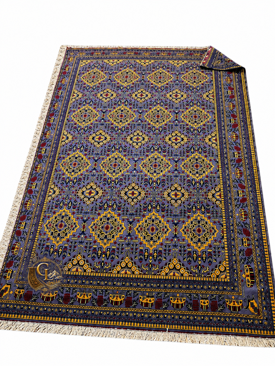 Belzhiki Carpet ZerKhaki Antique Design – full view of handmade Afghan wool rug in blue, gold and burgundy with traditional geometric pattern and ivory fringe, Golden Loom Afghanistan