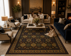 Belzhiki hand-knotted Afghan carpet in a luxury family living room — tile design in navy, gold and green on marble floor, with a family gathered by the fireplace and a child reading on the carpet