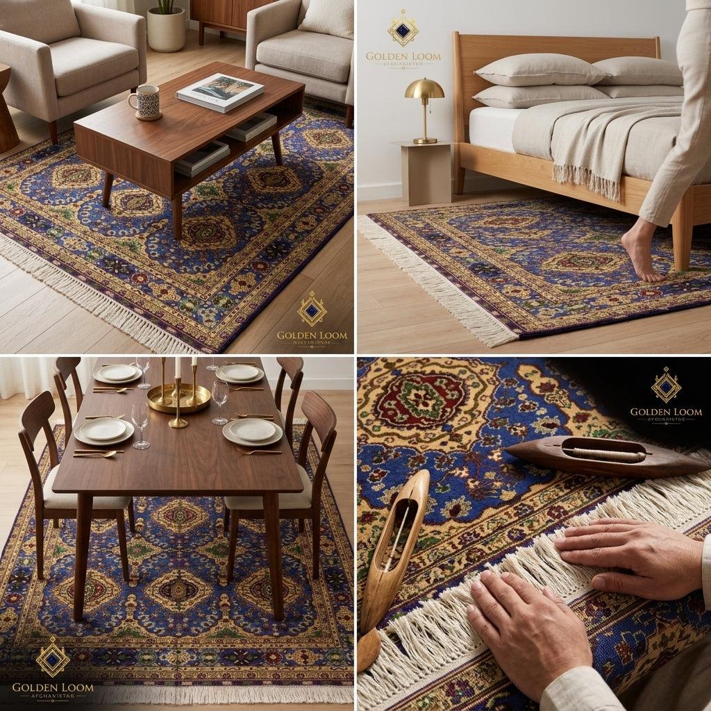 Afghan handmade carpet styled in living room, bedroom, and dining room settings, royal blue and gold traditional medallion rug by Golden Loom Afghanistan