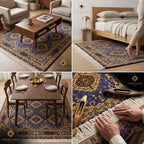 Afghan handmade carpet styled in living room, bedroom, and dining room settings, royal blue and gold traditional medallion rug by Golden Loom Afghanistan