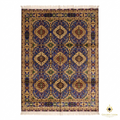 Handmade Afghan carpet with royal blue field and gold medallion lattice pattern, traditional Tabriz design, wool pile with ivory fringe border