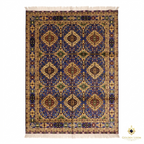 Handmade Afghan carpet with royal blue field and gold medallion lattice pattern, traditional Tabriz design, wool pile with ivory fringe border