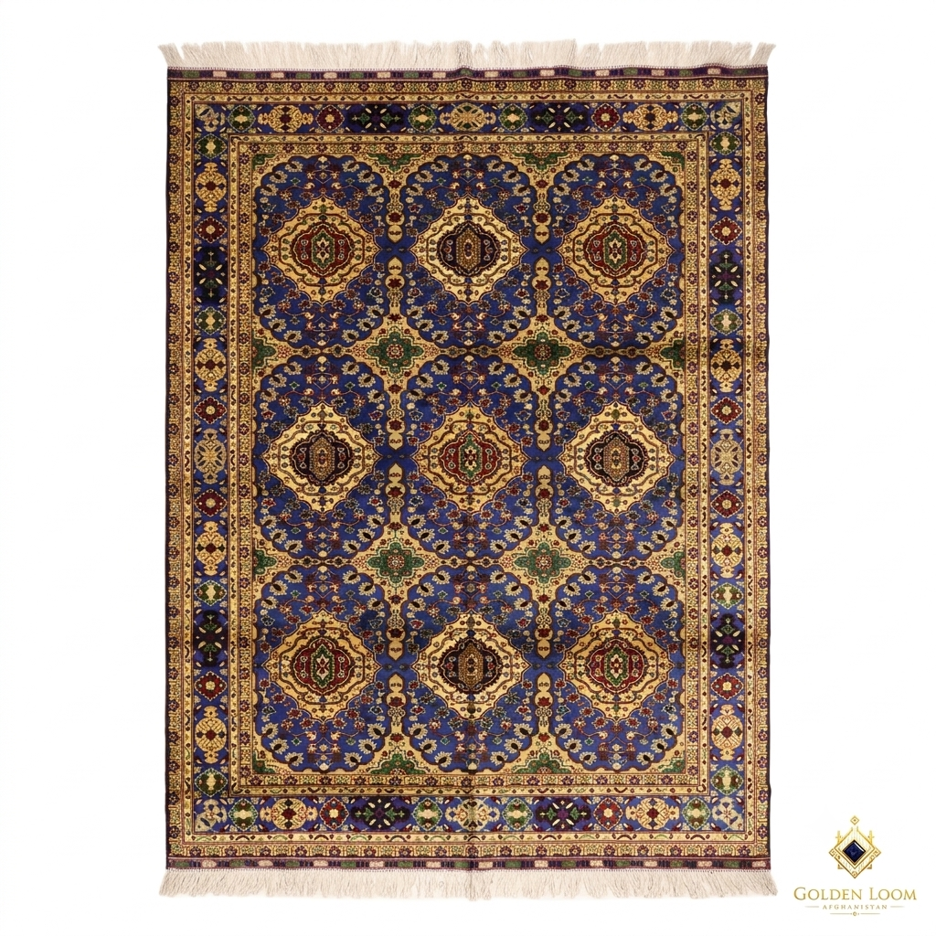 Handmade Afghan carpet with royal blue field and gold medallion lattice pattern, traditional Tabriz design, wool pile with ivory fringe border