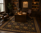 Belzhiki hand-knotted Afghan carpet in a dark luxury home office — tile design in navy, gold and burgundy beneath a mahogany desk with leather chairs and bookshelves