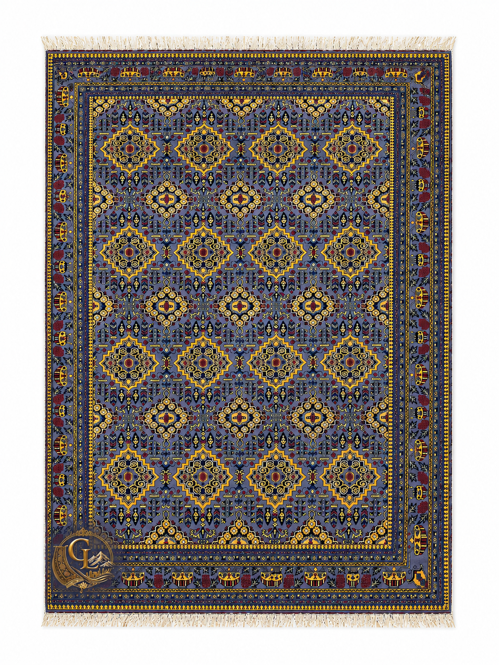 Belzhiki Carpet ZerKhaki Antique Design – Handmade Afghan Wool Rug in Blue and Gold, 100% Natural Turkmen Wool, Hand-Knotted in Jawzjan by master and skilled Artisans