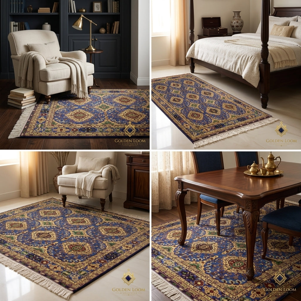 Afghan handmade carpet styled in living room, bedroom, and dining room settings, royal blue and gold traditional medallion rug by Golden Loom Afghanistan