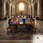Large handmade Afghan carpet under dining table in grand hall, blue floral traditional rug with gold border, Golden Loom Afghanistan