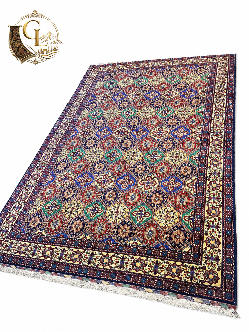 Belzhiki Afghan hand-knotted carpet angled view — multi-color tile pattern with royal blue, red and green geometric motifs, fine knotted fringe, Jawzjan Province
