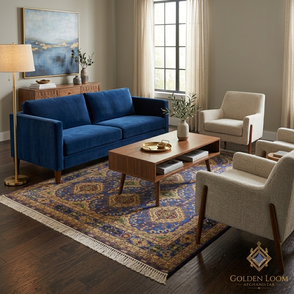 Traditional Afghan handmade rug in modern living room with navy blue velvet sofa, gold medallion carpet, Golden Loom Afghanistan