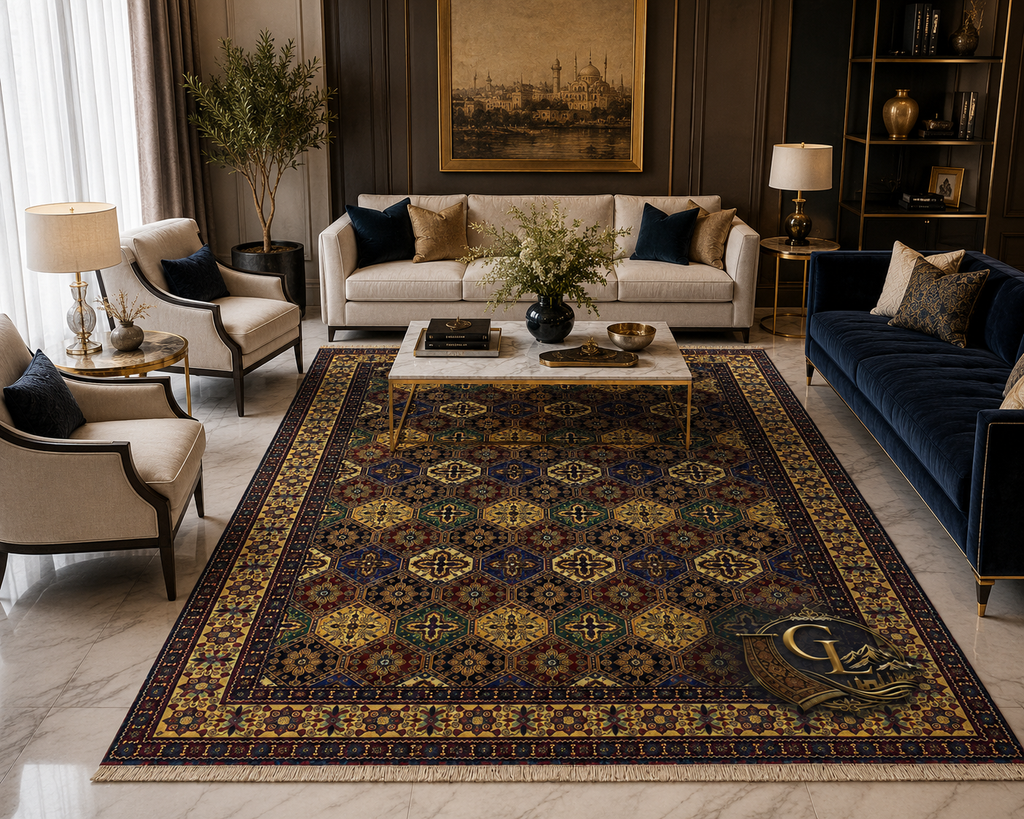 Belzhiki Afghan carpet in a contemporary luxury living room — tile pattern in deep burgundy and gold on marble floor, styled with navy velvet sofa and cream armchairs