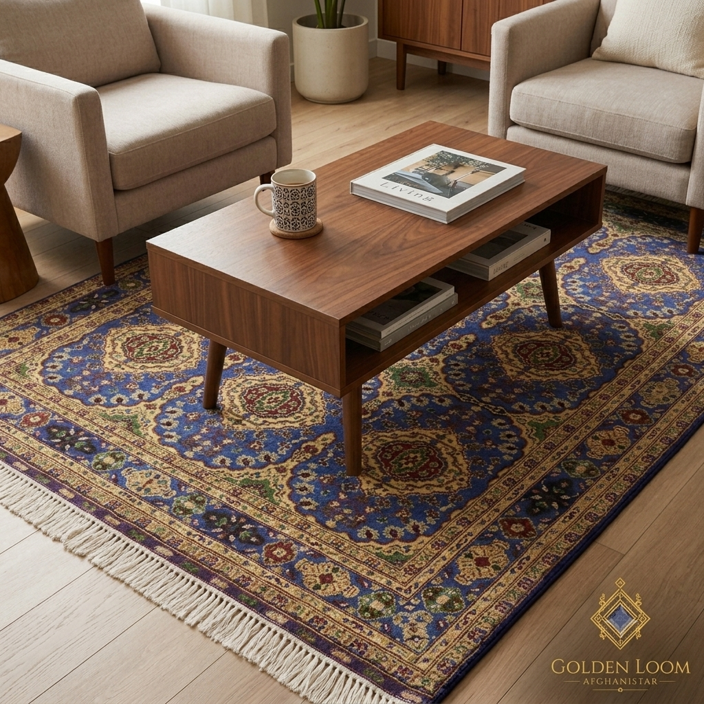 Hand-knotted Afghan carpet in Scandinavian living room, blue and gold traditional medallion rug under walnut coffee table, Golden Loom Afghanistan