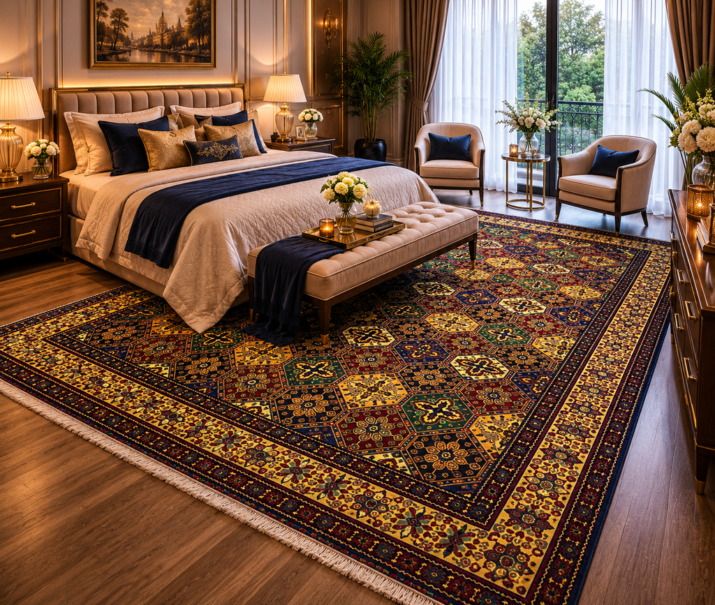 Belzhiki hand-knotted Afghan carpet in a warm luxury bedroom — vibrant tile design in gold, burgundy, navy and green beneath a king bed with golden ambient lighting