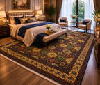 Belzhiki hand-knotted Afghan carpet in a warm luxury bedroom — vibrant tile design in gold, burgundy, navy and green beneath a king bed with golden ambient lighting