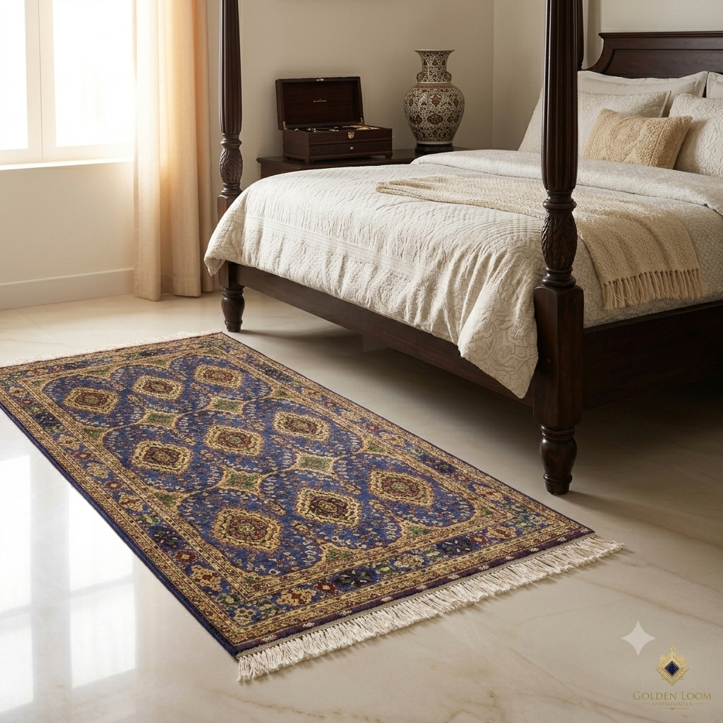 Hand-knotted Afghan carpet on marble bedroom floor, blue and gold traditional medallion rug beside dark wood four-poster bed, Golden Loom Afghanistan
