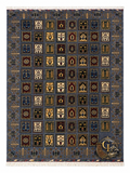 Belzhiki & Regional Mirror Design hand-knotted Afghan carpet – full top-down view, dark slate-blue field with symmetrical grid of botanical panels featuring cypress trees, rosettes and sacred Turkman motifs in ivory, gold and burgundy, ivory fringe on all sides, 202×301cm, 100% Turkman wool, Qarqin, Jawzjan, Afghanistan