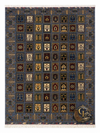 Belzhiki & Regional Mirror Design hand-knotted Afghan carpet – full top-down view, dark slate-blue field with symmetrical grid of botanical panels featuring cypress trees, rosettes and sacred Turkman motifs in ivory, gold and burgundy, ivory fringe on all sides, 202×301cm, 100% Turkman wool, Qarqin, Jawzjan, Afghanistan