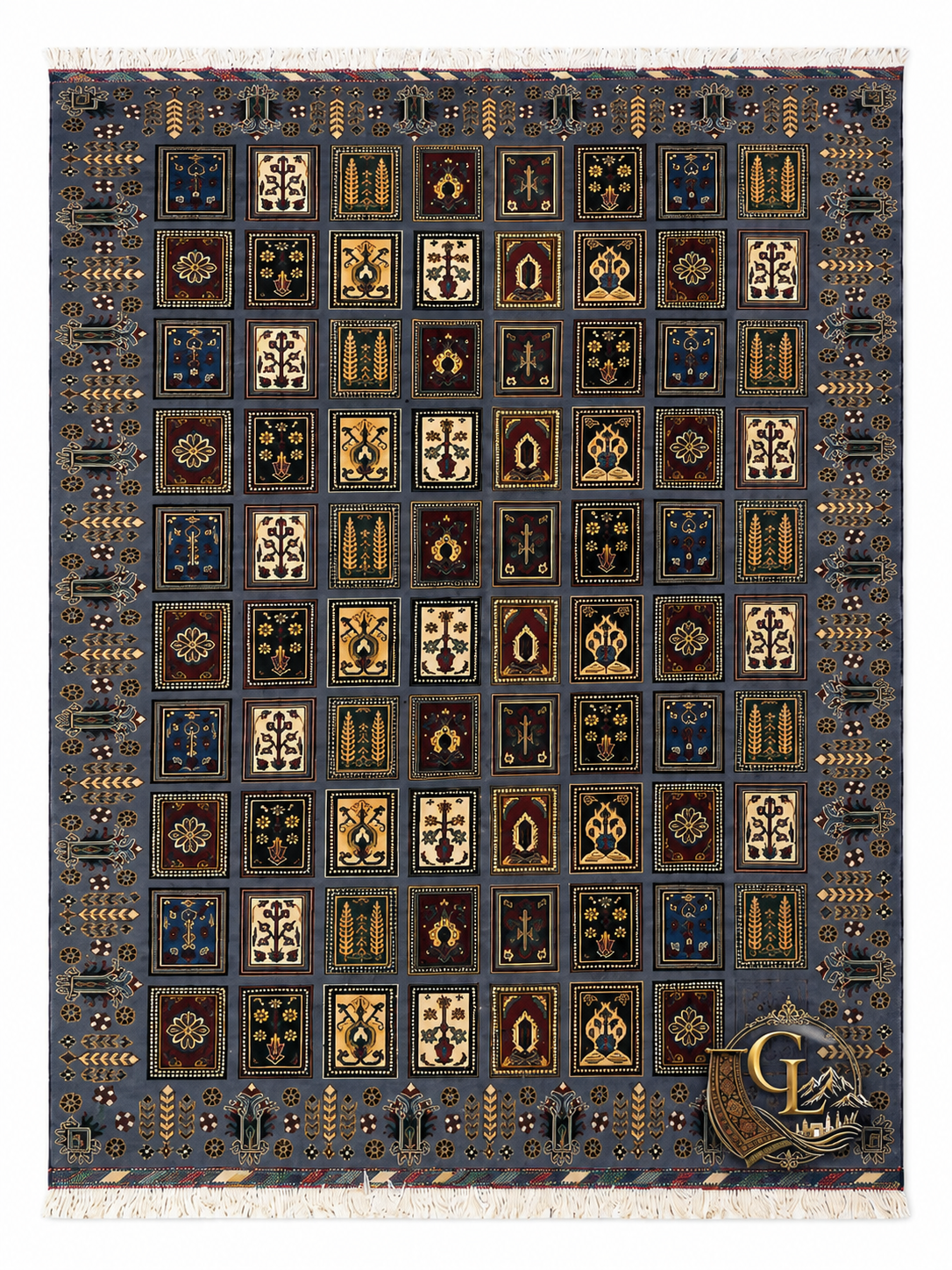 Belzhiki & Regional Mirror Design hand-knotted Afghan carpet – full top-down view, dark slate-blue field with symmetrical grid of botanical panels featuring cypress trees, rosettes and sacred Turkman motifs in ivory, gold and burgundy, ivory fringe on all sides, 202×301cm, 100% Turkman wool, Qarqin, Jawzjan, Afghanistan